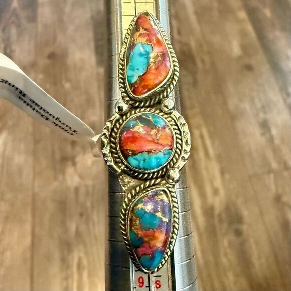 Southwestern Pink Dahlia Turquoise Statement Boho Ring 925 Sterling Silver 7 New - Picture 1 of 6